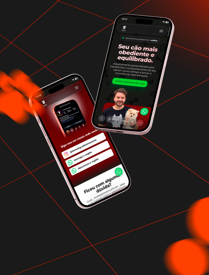 Landing page desenvolvida para Dom Dog Adestramento, apresentada em telas de celular